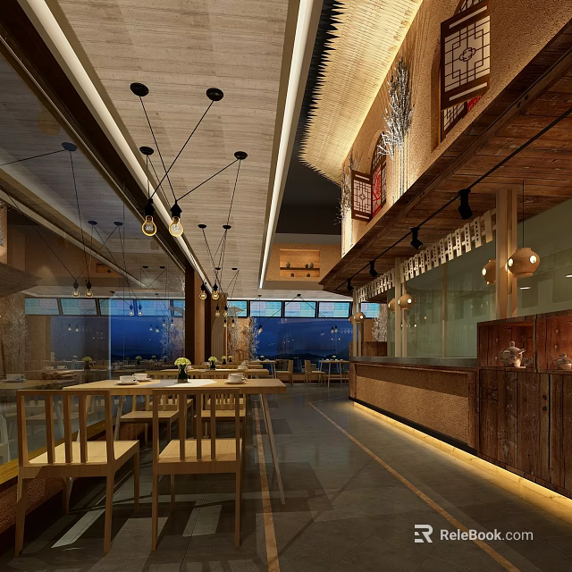 Modern Open Restaurant Interior Design With Wooden Decor Hanging Lights And Tables 3d model 