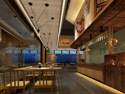 Modern Open Restaurant Interior Design With Wooden Decor Hanging Lights And Tables 3d model