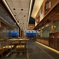 Modern Open Restaurant Interior Design With Wooden Decor Hanging Lights And Tables