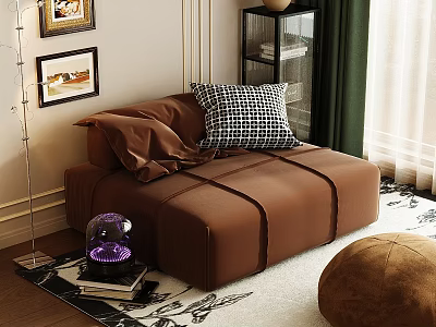 Soft Brown Lazy Sofa In Living Room With Checkered Pillows Purple Glass Decor And Floor Lamp 3d model