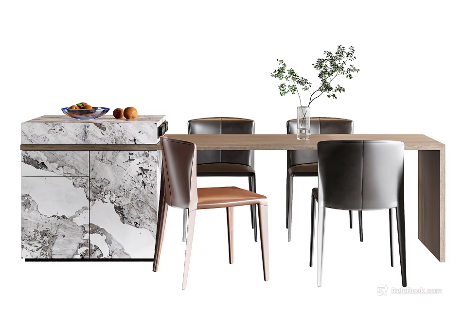Modern Minimalist Dining Table Set With Marble Top Cabinet Chairs And Green Plant Vase 3d model 