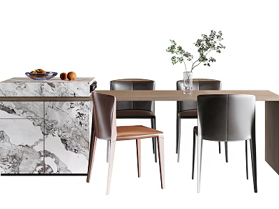 Modern Minimalist Dining Table Set With Marble Top Cabinet Chairs And Green Plant Vase 3d model