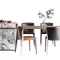 Modern Minimalist Dining Table Set With Marble Top Cabinet Chairs And Green Plant Vase