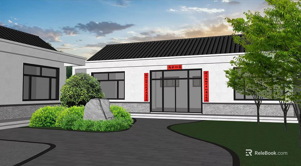 Rural Self Built House With Black Tile Roof Red Couplets Glass Door And Green Lawn 3d model 