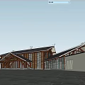 Modern Architectural Interior With Wooden Roof Structure Large Glass Windows And Gray Floor Tiles