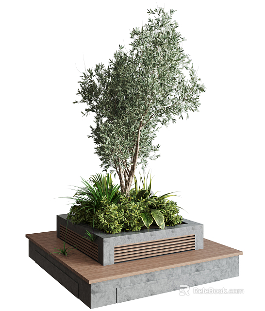 Modern Concrete Tree Planter With Olive Tree And Lush Greenery On Wooden Surface 3d model 