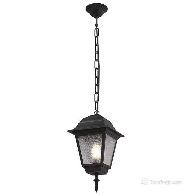 Black Hanging Outdoor Lantern Light With Chain And Glass Shade For Patio Entryway 3d model 