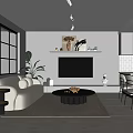 Modern Living Dining Room Interior With Sofa Coffee Table TV Decorative Shelf And Pendant Lights