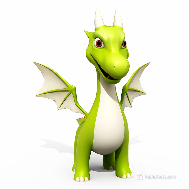 Cute Green Dragon Doll With White Wings Red Eyes And Cartoon Design 3d model 