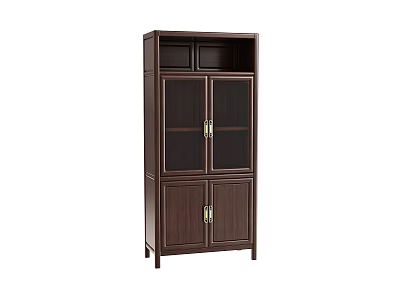 Dark Wooden Bookcase With Glass Doors Wooden Cabinet Doors And Gold Handles 3d model