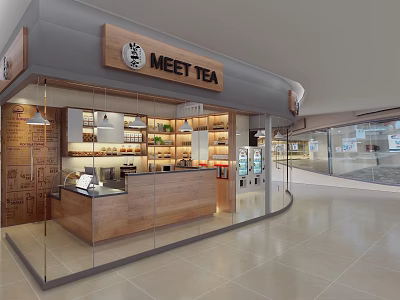 Meet Tea Milk Tea Shop With Open Storefront Wooden Counter And Modern Decor 3d model