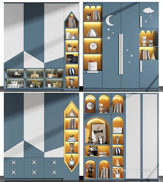 Modern Wardrobe Interior With Blue And White Color Scheme Multiple Shelves And Decorative Storage 3d model 