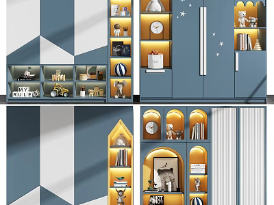 Modern Wardrobe Interior With Blue And White Color Scheme Multiple Shelves And Decorative Storage 3d model