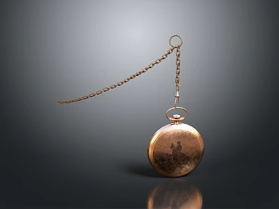 Vintage Pocket Watch With Metal Chain And Engraved Surface On Reflective Background 3d model