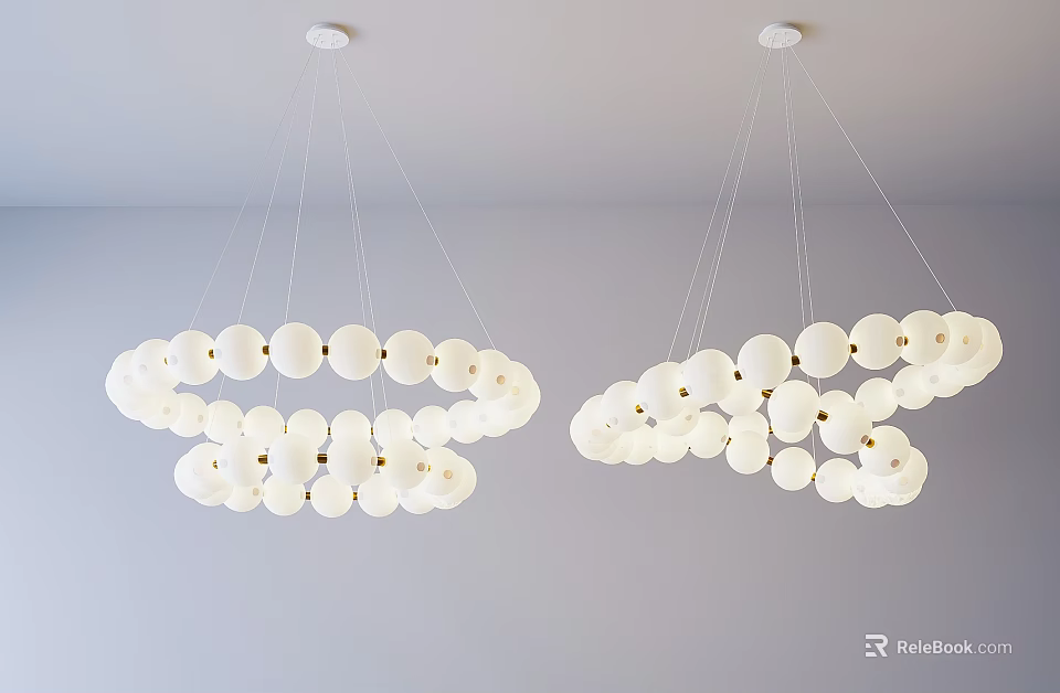 Two Modern Pendant Lights With White Spherical Design Hanging From Ceiling With Warm Lighting 3d model