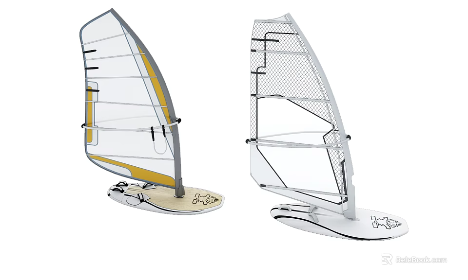 Two Different Designed Windsurfing Boards With Yellow Accent And Mesh Sails And Curved Bottom Structures 3d model 