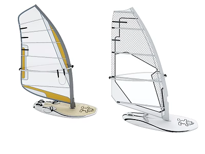 Two Different Designed Windsurfing Boards With Yellow Accent And Mesh Sails And Curved Bottom Structures 3d model