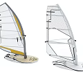 Two Different Designed Windsurfing Boards With Yellow Accent And Mesh Sails And Curved Bottom Structures