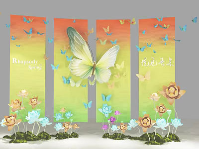 Floral Art Installation For Romantic Spring With Butterflies Flowers And Gradient Screens 3d model
