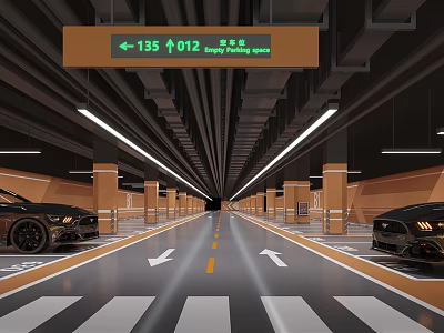 Underground Parking Garage Featuring Digital Sign Available Bays Directional Arrows And Parked Cars 3d model
