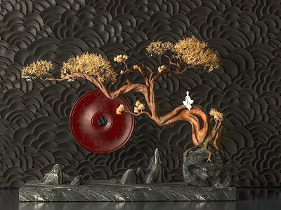 Indoor Landscape With Golden Bonsai Pine Red Circular Decor White Figurine And Black Wavy Wall 3d model