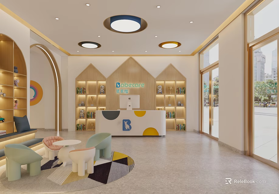 Bright Modern Kindergarten Interior With Colorful Furniture Bookshelves And Natural Light 3d model 