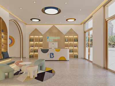 Bright Modern Kindergarten Interior With Colorful Furniture Bookshelves And Natural Light 3d model