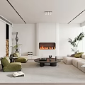 Modern Living Room Interior Design With Green Chairs Sofa Fireplace And Plant