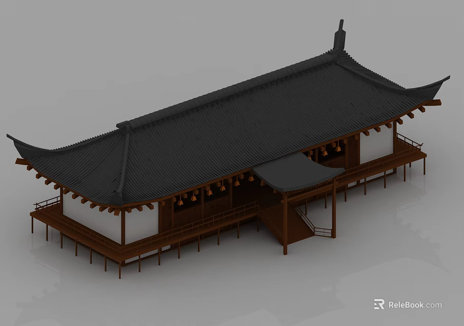 Ancient Chinese Architecture With Black Tiled Roof Overhanging Eaves And Wooden Structure 3d model 