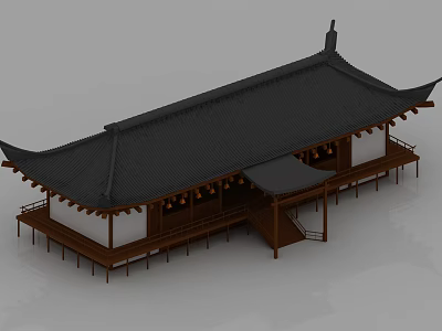 Ancient Chinese Architecture With Black Tiled Roof Overhanging Eaves And Wooden Structure 3d model