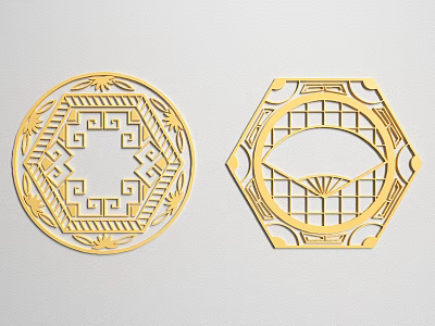 Golden Intricate Carved Patterns in Circular and Hexagonal Decorative Designs 3d model