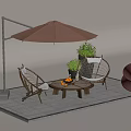 Modern Outdoor Table with Umbrella Chairs and Potted Plants on Slate Patio