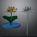 Golden And Light Blue Lotus Decorations With Green Leaves Blue Base And White Stem