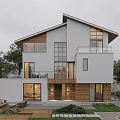 Modern Detached Villa Exterior Design with Large Windows Wooden Accents Balcony and Garden