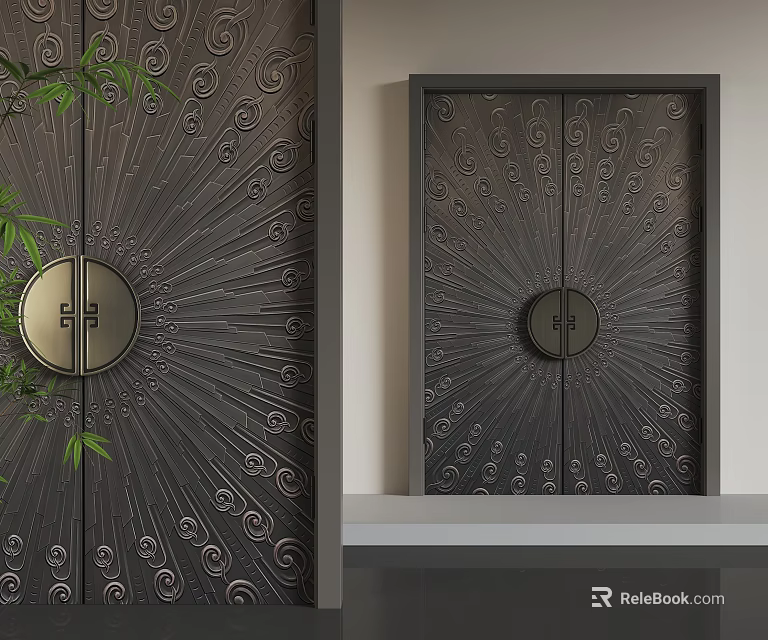 Antique Bronze Security Door With Carved Design Round Door Knocker Security Lock And Durable Material For Modern Home 3d model 