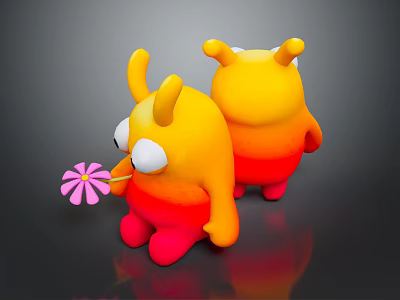 Two Yellow Red Gradient Cartoon Creatures With Antennae One Holding Pink Flower On Dark Background 3d model