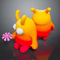 Two Yellow Red Gradient Cartoon Creatures With Antennae One Holding Pink Flower On Dark Background