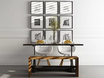 Stylish Dining Table Set with White Chairs Wooden Bench Vase and Framed Artworks 3d model