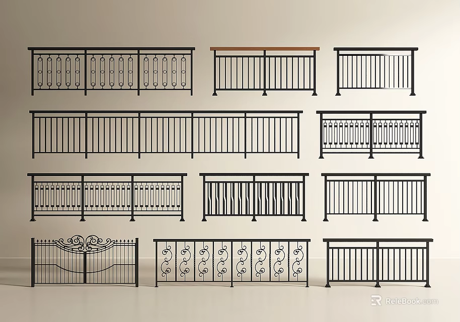 Various Stylish Decorative Railings With Intricate Patterns And Metal Designs 3d model 