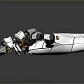 White Mechanical Palms As Household Items With Metal And Orange Joints On Black Reflective Surface