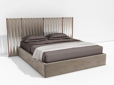 Modern Double Bed With Vertical Slats Headboard Light Frame And Dark Brown Bedding 3d model