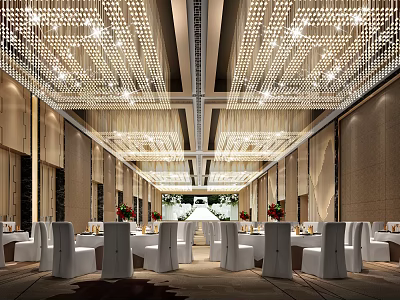Elegant Banquet Hall With Stunning Crystal Chandeliers Arranged White Tables And Luxurious Decor 3d model