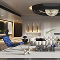 Modern Living Room Interior Design With White Sofa Round Chandelier Coffee Table And Green Plant