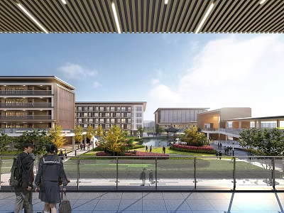 Modern School Buildings With Green Lawns Flower Beds Trees Open Courtyard And Students Walking 3d model