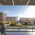 Modern School Buildings With Green Lawns Flower Beds Trees Open Courtyard And Students Walking