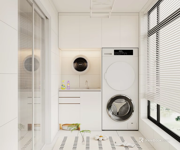 Modern Home Balcony Laundry Area With White Cabinets Washing Machine Sink And Window Blinds 3d model 