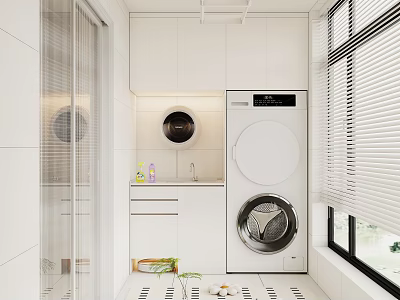 Modern Home Balcony Laundry Area With White Cabinets Washing Machine Sink And Window Blinds 3d model