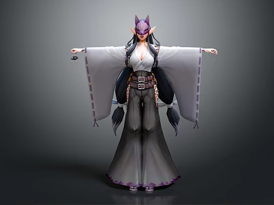Game And Movie Character With Purple Fox Ears White Kimono Long Black Hair Flowing Sleeves 3d model