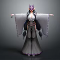 Game And Movie Character With Purple Fox Ears White Kimono Long Black Hair Flowing Sleeves