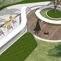 Modern Garden Landscape Design with Curved Walkway Circular Seating Area Wooden Deck And Yellow Chairs